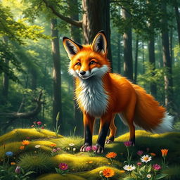 A realistic and vibrant depiction of a red fox in a lush forest setting