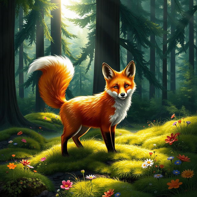 A realistic and vibrant depiction of a red fox in a lush forest setting