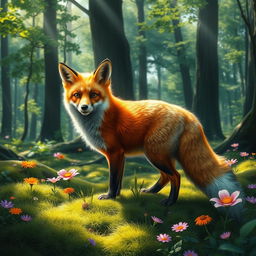 A realistic and vibrant depiction of a red fox in a lush forest setting