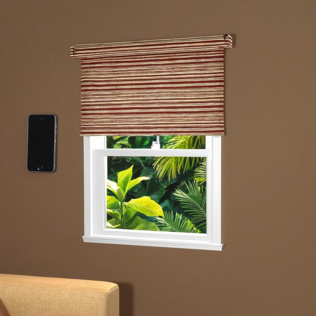 A cozy room featuring a beautifully designed window covered with a striped roller shade in earthy tones of red and beige