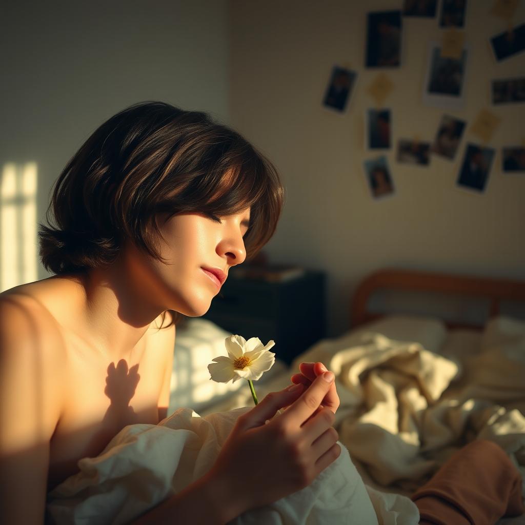 A serene scene of a person in a softly lit room, with warm tones and gentle shadows