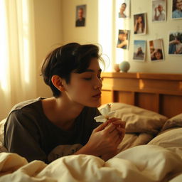A serene scene of a person in a softly lit room, with warm tones and gentle shadows