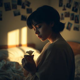 A serene scene of a person in a softly lit room, with warm tones and gentle shadows