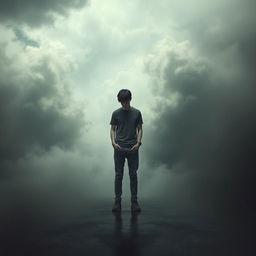 A solitary figure standing in an abstract, ambiguous environment, characterized by distorted shapes and muted colors that evoke feelings of heaviness and isolation