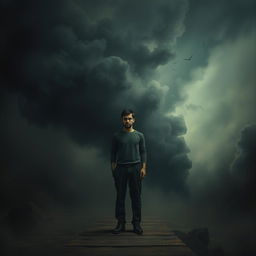 A solitary figure standing in a surreal, ambiguous environment, with swirling dark clouds and distorted shapes in the background