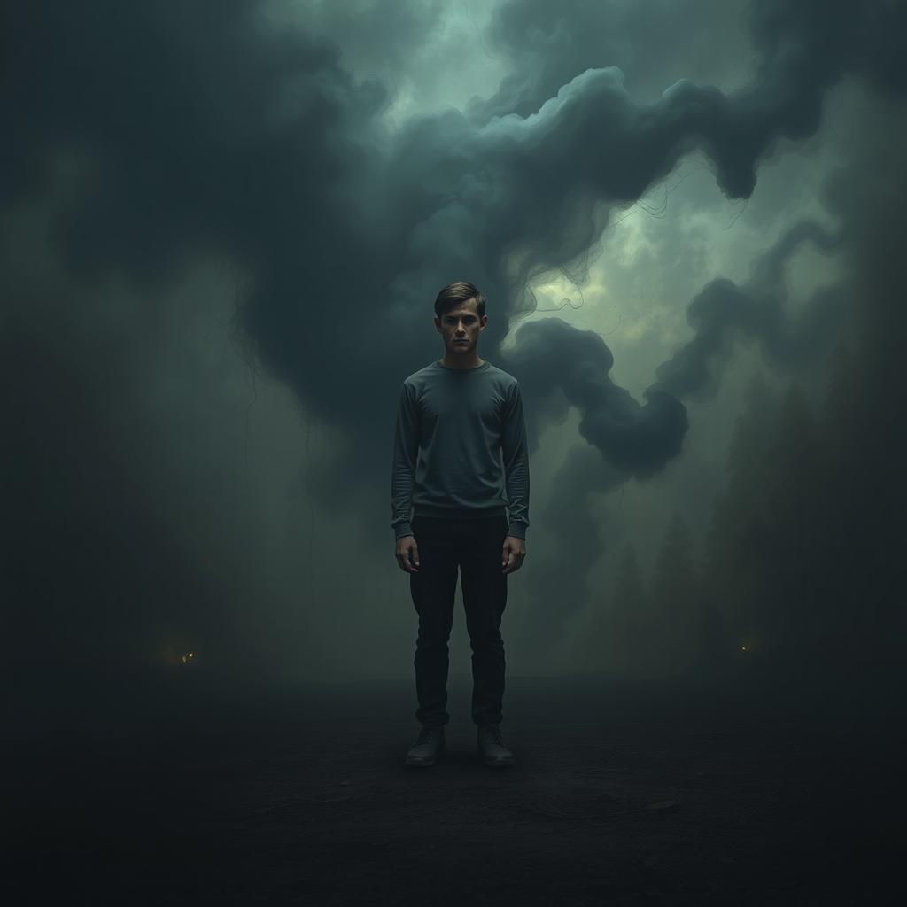 A solitary figure standing in a surreal, ambiguous environment, with swirling dark clouds and distorted shapes in the background