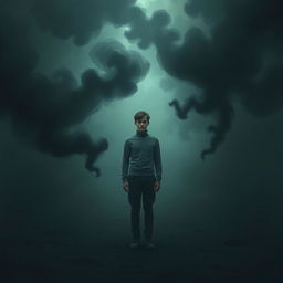 A solitary figure standing in a surreal, ambiguous environment, with swirling dark clouds and distorted shapes in the background