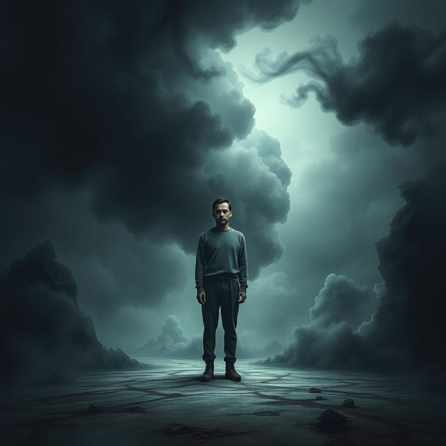 A solitary figure standing in a surreal, ambiguous environment, with swirling dark clouds and distorted shapes in the background