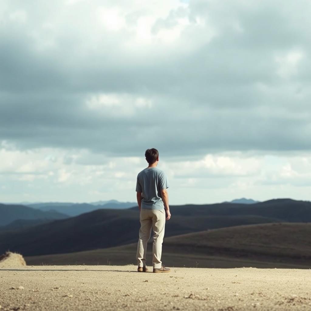 A solitary figure standing in a vast, open landscape, embodying feelings of distance and separation