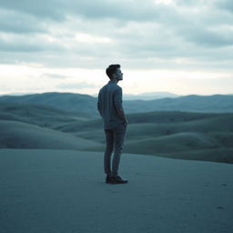 A solitary figure standing in a vast, open landscape, embodying feelings of distance and separation