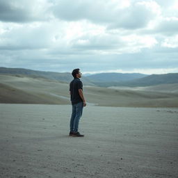 A solitary figure standing in a vast, open landscape, embodying feelings of distance and separation