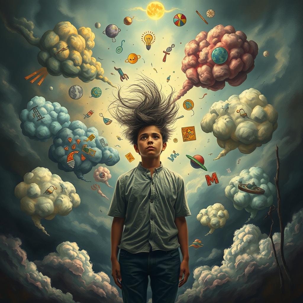 A surreal depiction of a person standing in the center, with a look of contemplation and chaos reflected in their eyes