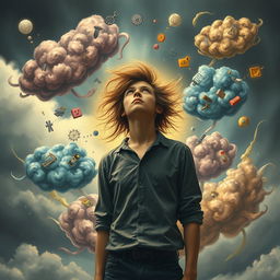 A surreal depiction of a person standing in the center, with a look of contemplation and chaos reflected in their eyes