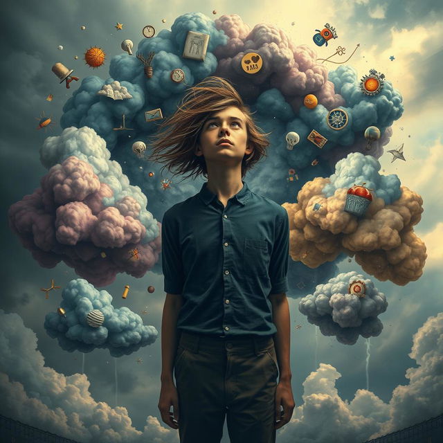 A surreal depiction of a person standing in the center, with a look of contemplation and chaos reflected in their eyes