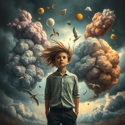 A surreal depiction of a person standing in the center, with a look of contemplation and chaos reflected in their eyes