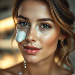 A close-up portrait of a beautiful woman with soft features and striking eyes, playfully having milk splashed on her face