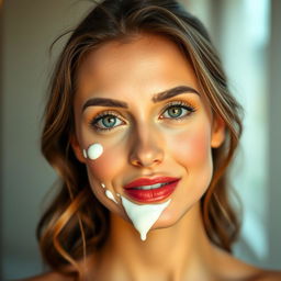 A close-up portrait of a beautiful woman with soft features and striking eyes, playfully having milk splashed on her face