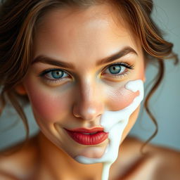 A close-up portrait of a beautiful woman with soft features and striking eyes, playfully having milk splashed on her face