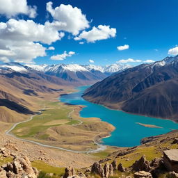 A breathtaking view of the Ladakh mountains, showcasing majestic peaks covered in snow, winding roads snaking through rugged terrain, and turquoise blue lakes reflecting the sky