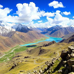 A breathtaking view of the Ladakh mountains, showcasing majestic peaks covered in snow, winding roads snaking through rugged terrain, and turquoise blue lakes reflecting the sky