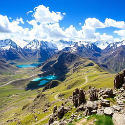 A breathtaking view of the Ladakh mountains, showcasing majestic peaks covered in snow, winding roads snaking through rugged terrain, and turquoise blue lakes reflecting the sky