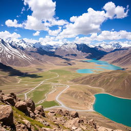 A breathtaking view of the Ladakh mountains, showcasing majestic peaks covered in snow, winding roads snaking through rugged terrain, and turquoise blue lakes reflecting the sky