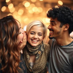 A close up scene featuring three people in an affectionate moment