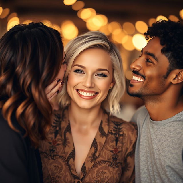 A close up scene featuring three people in an affectionate moment