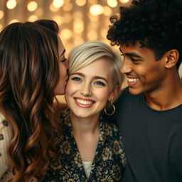 A close up scene featuring three people in an affectionate moment