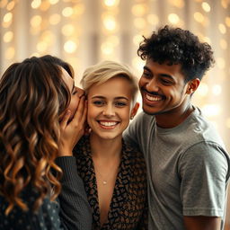 A close up scene featuring three people in an affectionate moment