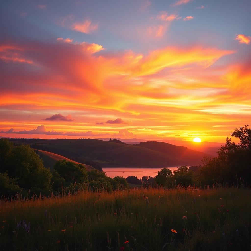 A stunning portrayal of a vibrant sunset over rolling hills, with the sky painted in shades of orange, pink, and purple