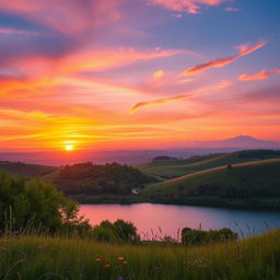 A stunning portrayal of a vibrant sunset over rolling hills, with the sky painted in shades of orange, pink, and purple