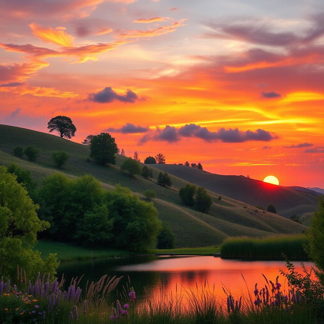 A stunning portrayal of a vibrant sunset over rolling hills, with the sky painted in shades of orange, pink, and purple