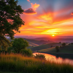 A stunning portrayal of a vibrant sunset over rolling hills, with the sky painted in shades of orange, pink, and purple