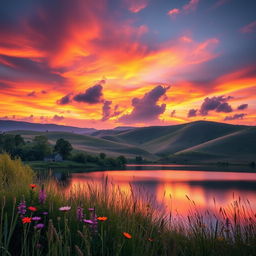 A breathtaking view of a vibrant sunset over rolling hills, showcasing the sky infused with brilliant shades of orange, pink, and purple