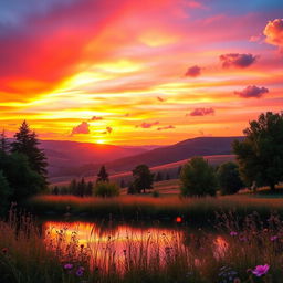 A breathtaking view of a vibrant sunset over rolling hills, showcasing the sky infused with brilliant shades of orange, pink, and purple
