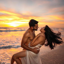 A hot Indian couple enjoying a romantic honeymoon on a serene beach, fully nude, surrounded by soft waves and gentle sunlight bathing them