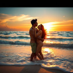 A hot Indian couple enjoying a romantic honeymoon on a serene beach, fully nude, surrounded by soft waves and gentle sunlight bathing them