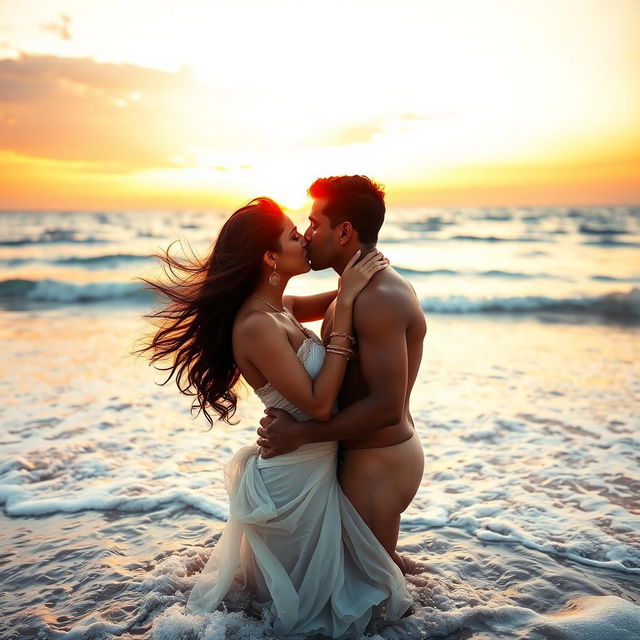 A hot Indian couple enjoying a romantic honeymoon on a serene beach, fully nude, surrounded by soft waves and gentle sunlight bathing them