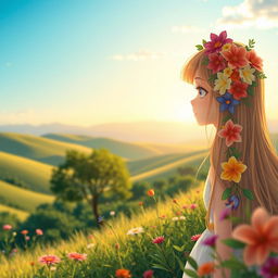 A scenic view capturing a serene landscape, featuring a delicate girl with long flowing hair adorned with beautiful flowers