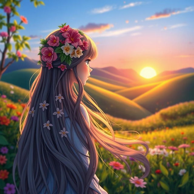 A scenic view capturing a serene landscape, featuring a delicate girl with long flowing hair adorned with beautiful flowers