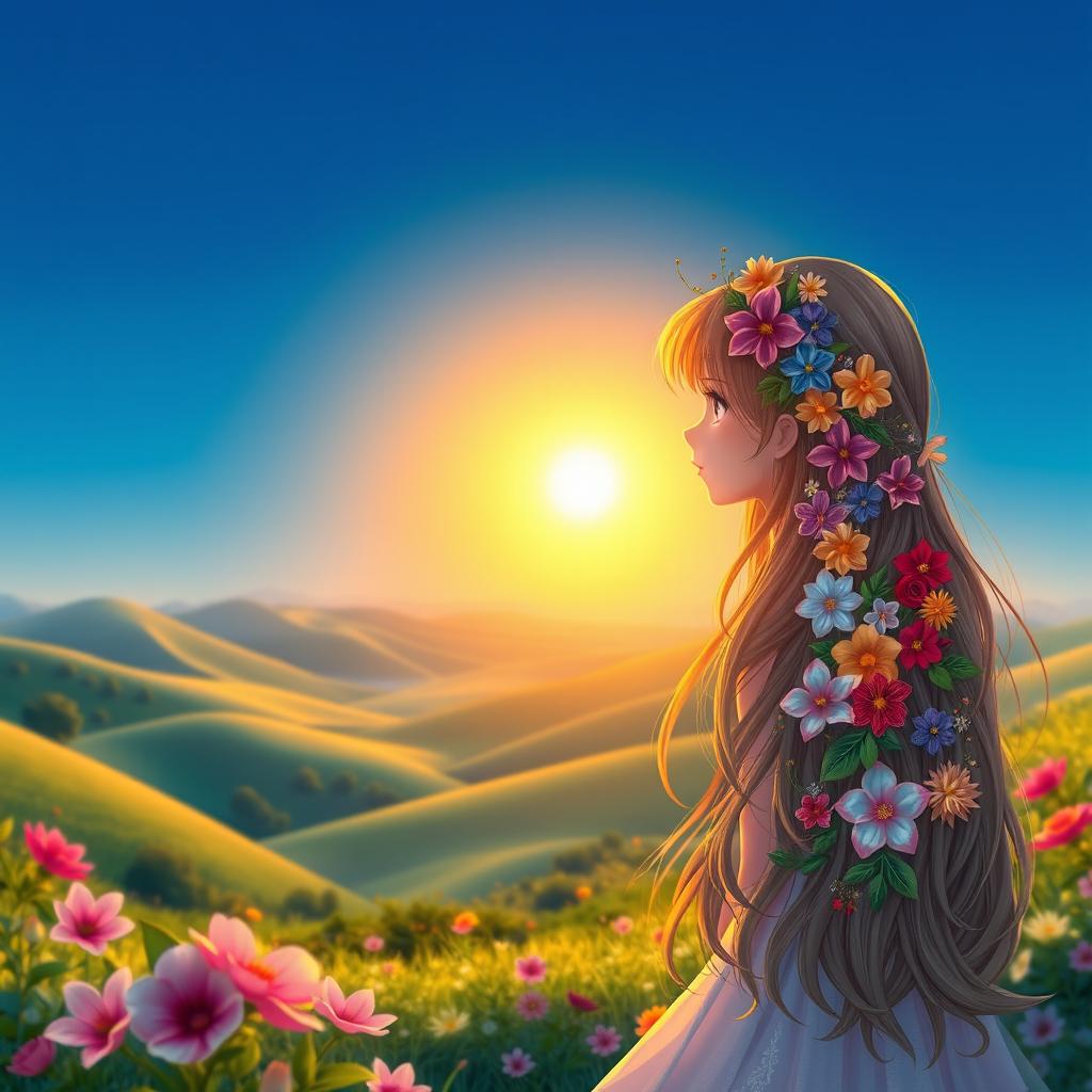 A scenic view capturing a serene landscape, featuring a delicate girl with long flowing hair adorned with beautiful flowers