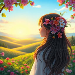 A scenic view capturing a serene landscape, featuring a delicate girl with long flowing hair adorned with beautiful flowers