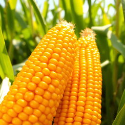 Close-up of vibrant corn cobs, showcasing shiny kernels in rich yellow and gold tones, set against a backdrop of green leaves and stalks, illuminated by warm sunlight, giving it a fresh and appealing look