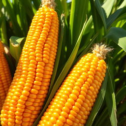 Close-up of vibrant corn cobs, showcasing shiny kernels in rich yellow and gold tones, set against a backdrop of green leaves and stalks, illuminated by warm sunlight, giving it a fresh and appealing look