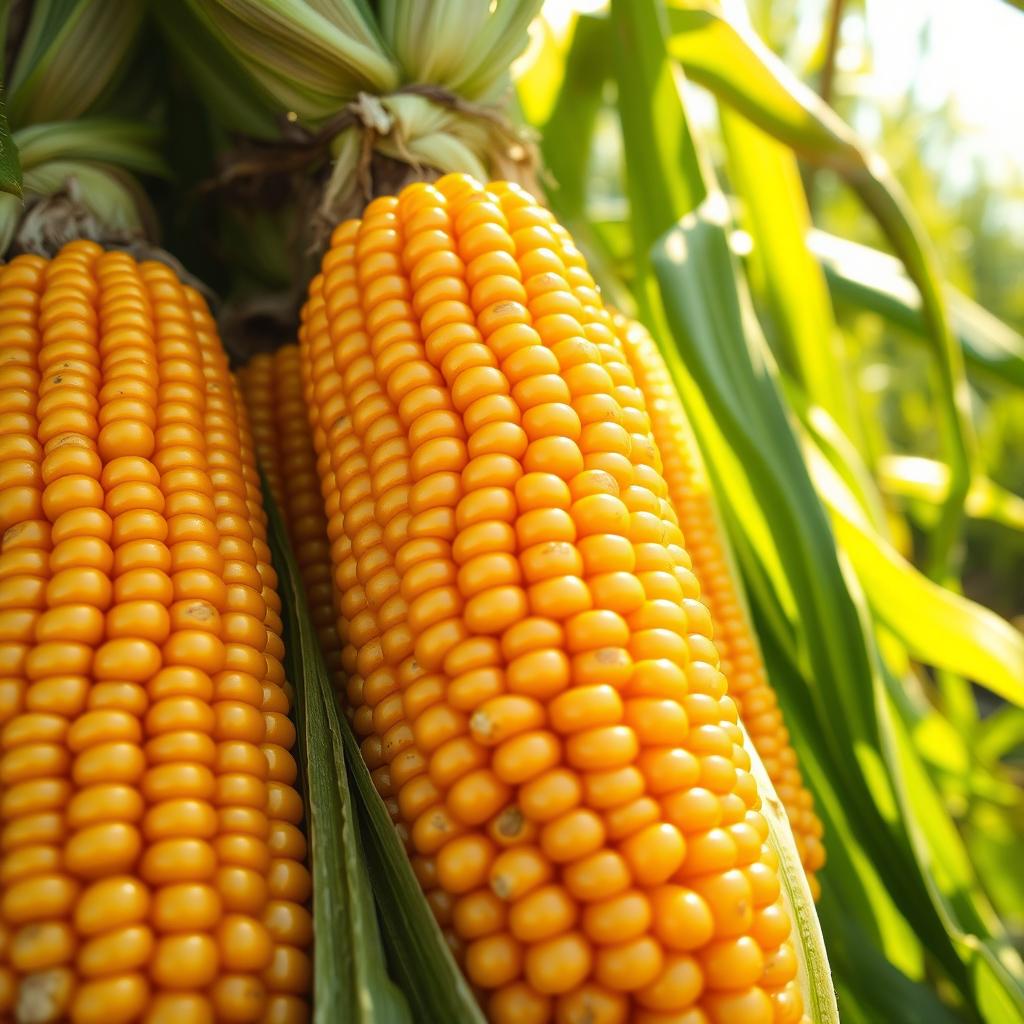 Close-up of vibrant corn cobs, showcasing shiny kernels in rich yellow and gold tones, set against a backdrop of green leaves and stalks, illuminated by warm sunlight, giving it a fresh and appealing look