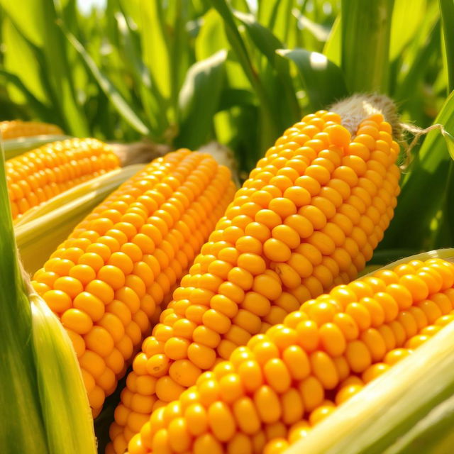 Close-up of vibrant corn cobs, showcasing shiny kernels in rich yellow and gold tones, set against a backdrop of green leaves and stalks, illuminated by warm sunlight, giving it a fresh and appealing look