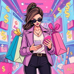 An illustration depicting the concepts of influencer marketing and affiliate scams, featuring a stylish, charismatic influencer holding shopping bags loaded with trendy items