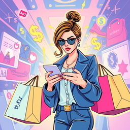 An illustration depicting the concepts of influencer marketing and affiliate scams, featuring a stylish, charismatic influencer holding shopping bags loaded with trendy items