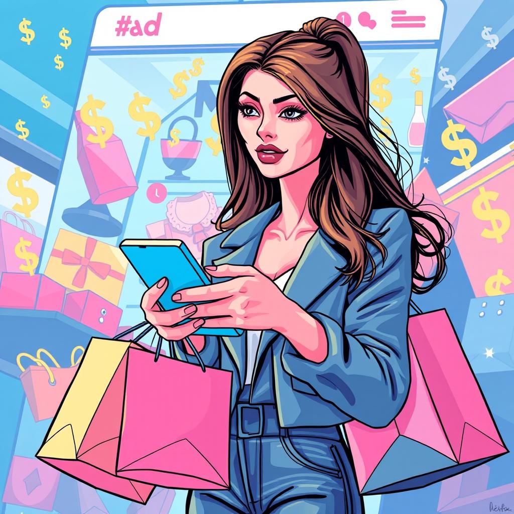 An illustration depicting the concepts of influencer marketing and affiliate scams, featuring a stylish, charismatic influencer holding shopping bags loaded with trendy items